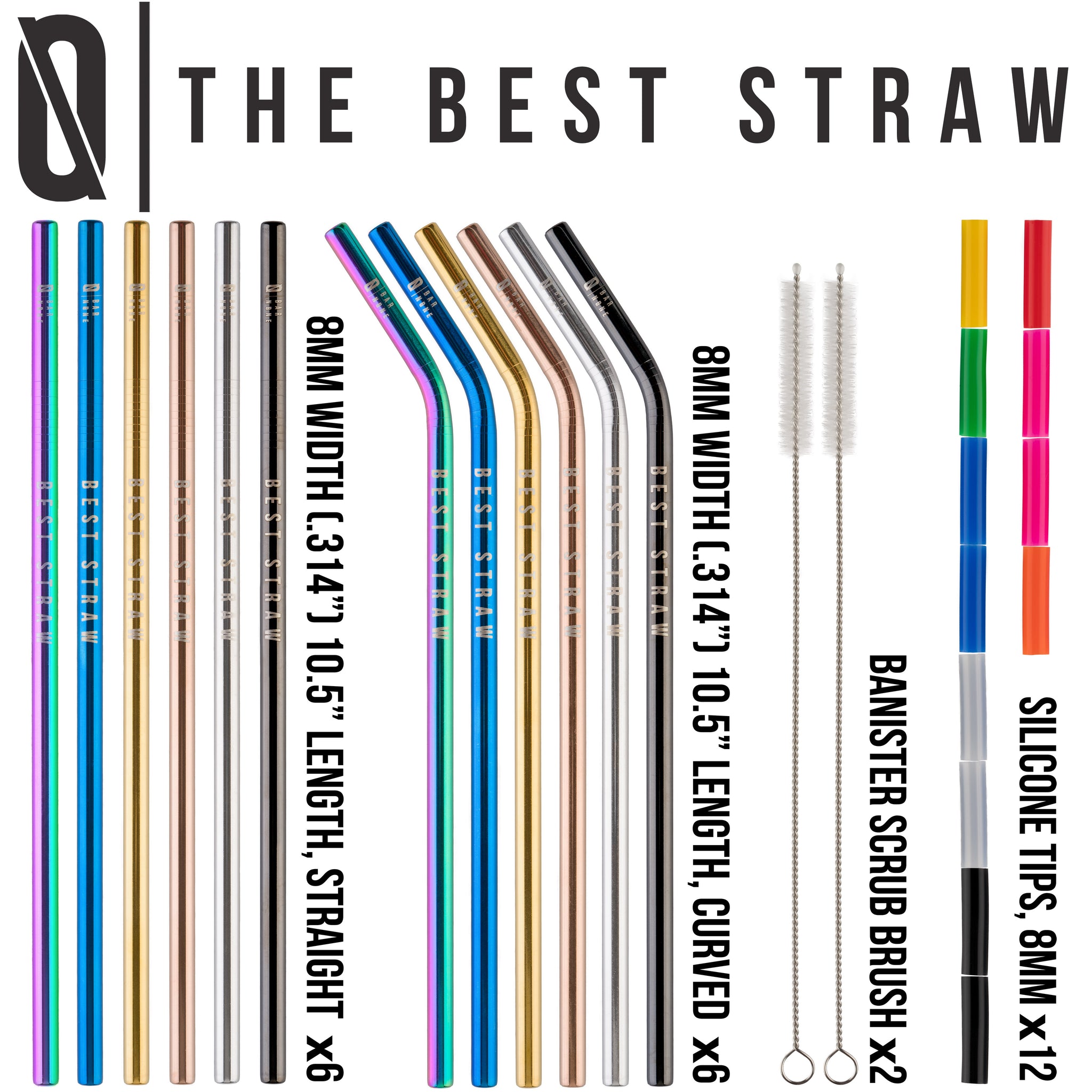 BAR N0NE Best Straws Set of 12  10.5 Long Wide Stainless Steel Metal